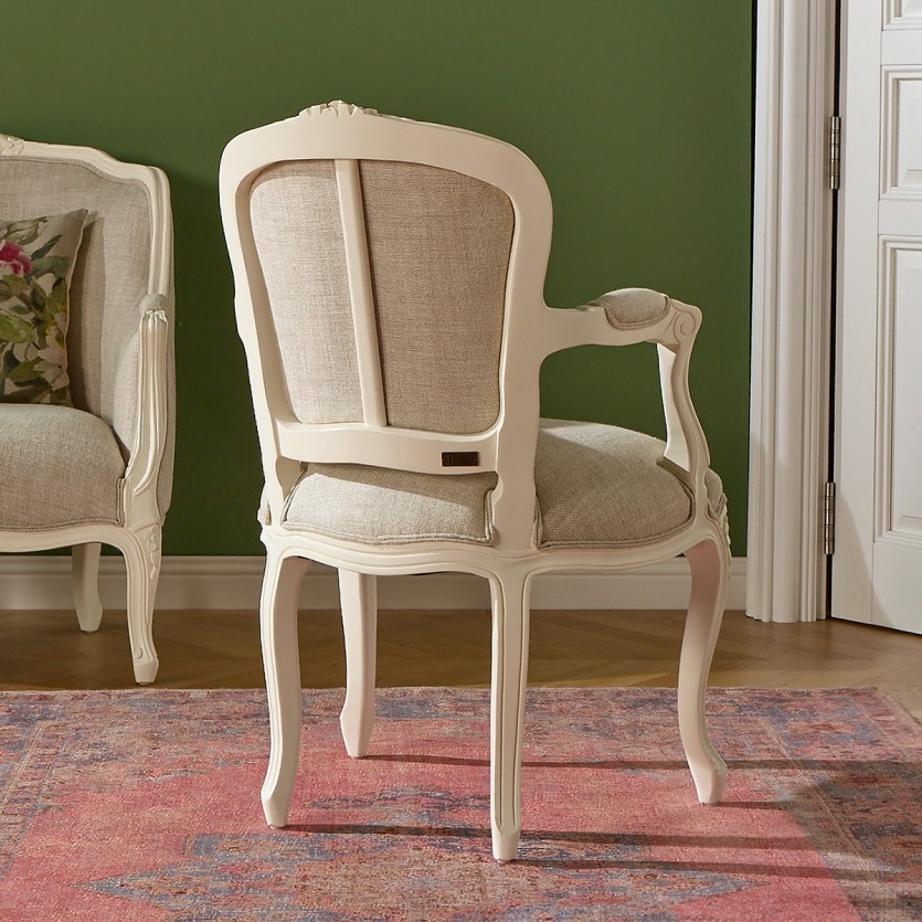 LOUVRE Cabriolet Armchair - Classic style in patinated white wood and linen, 1 seat