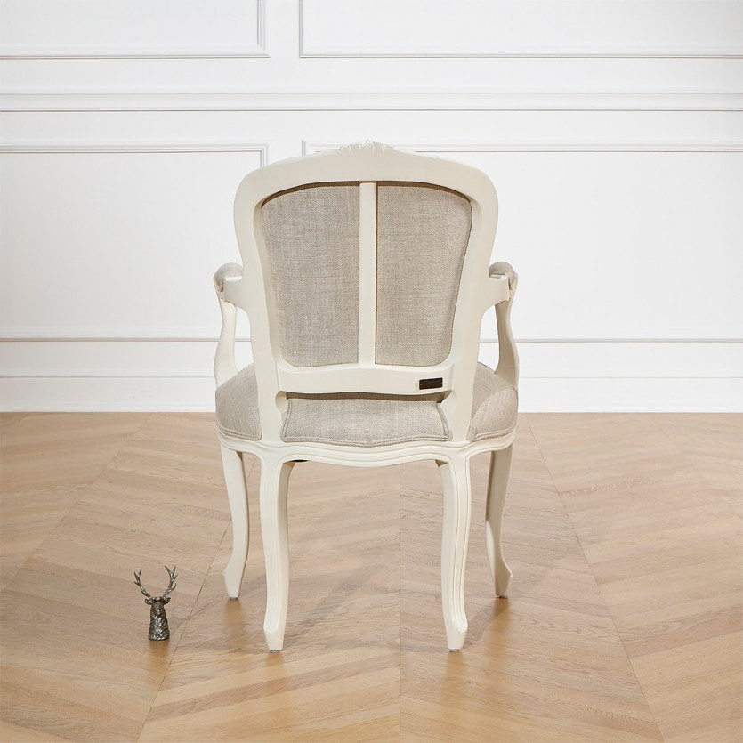 LOUVRE Cabriolet Armchair - Classic style in patinated white wood and linen, 1 seat