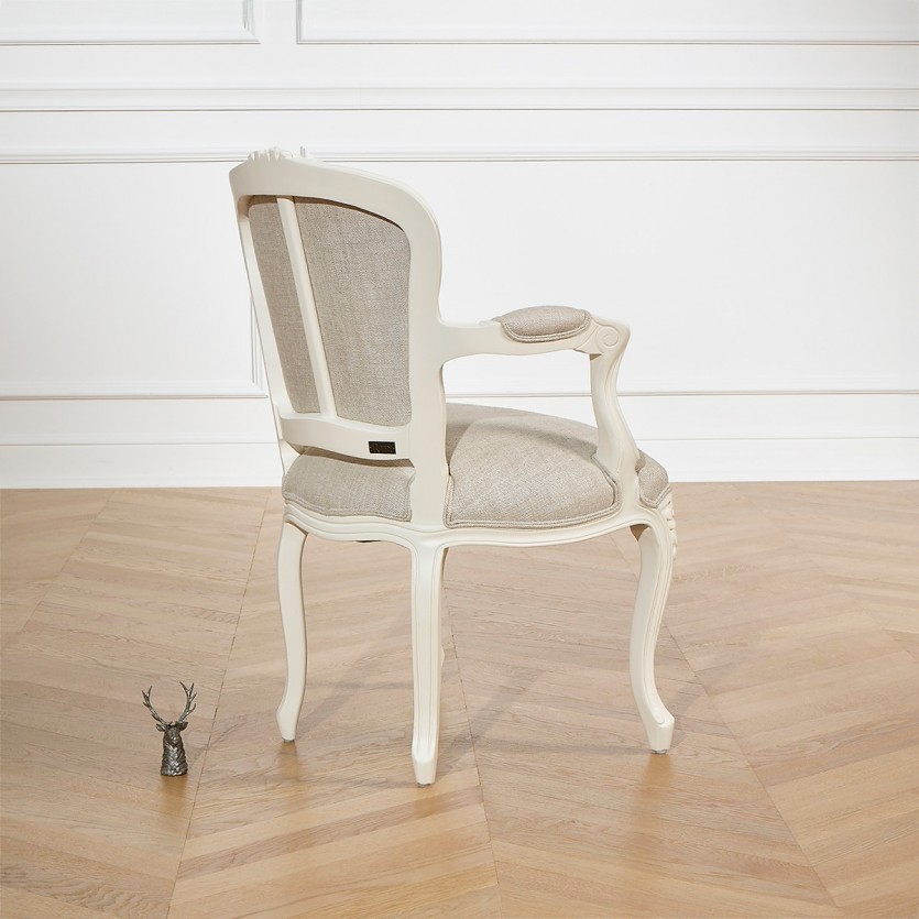 LOUVRE Cabriolet Armchair - Classic style in patinated white wood and linen, 1 seat