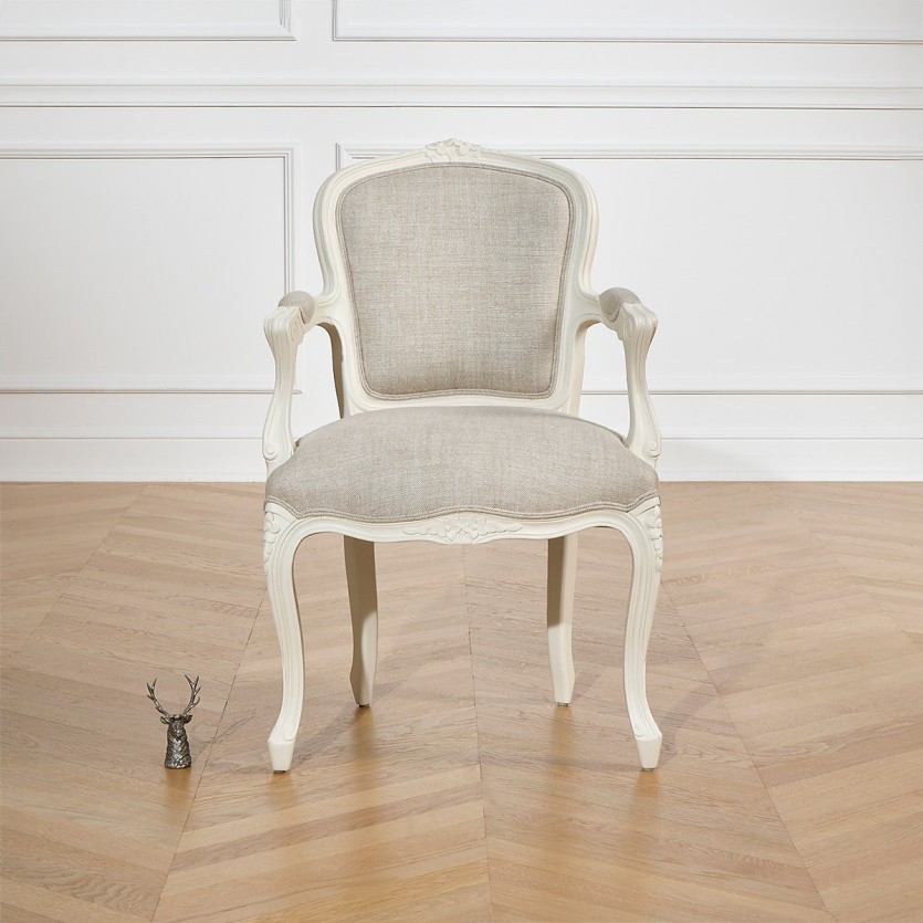 LOUVRE - Fauteuil cabriolet style classique en bois blanc patiné et lin, 1 place