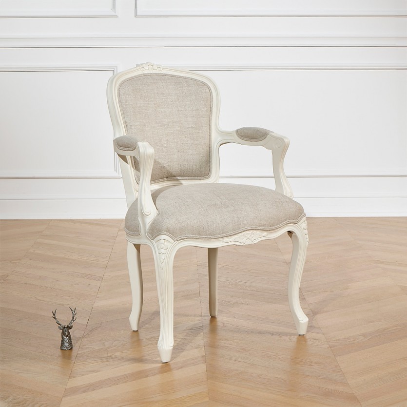 LOUVRE Cabriolet Armchair - Classic style in patinated white wood and linen, 1 seat