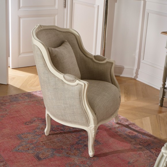 Fauteuil bergère VICTOR - Style romantique en bois et lin premium, 1 place