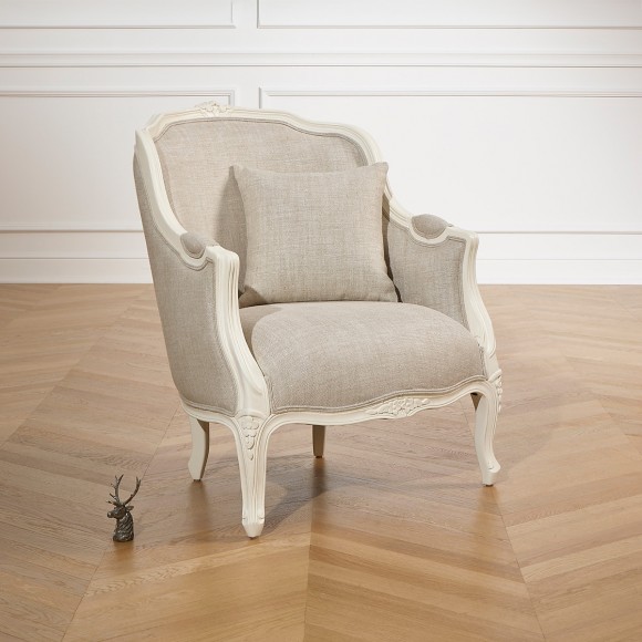 Fauteuil bergère VICTOR - Style romantique en bois et lin premium, 1 place