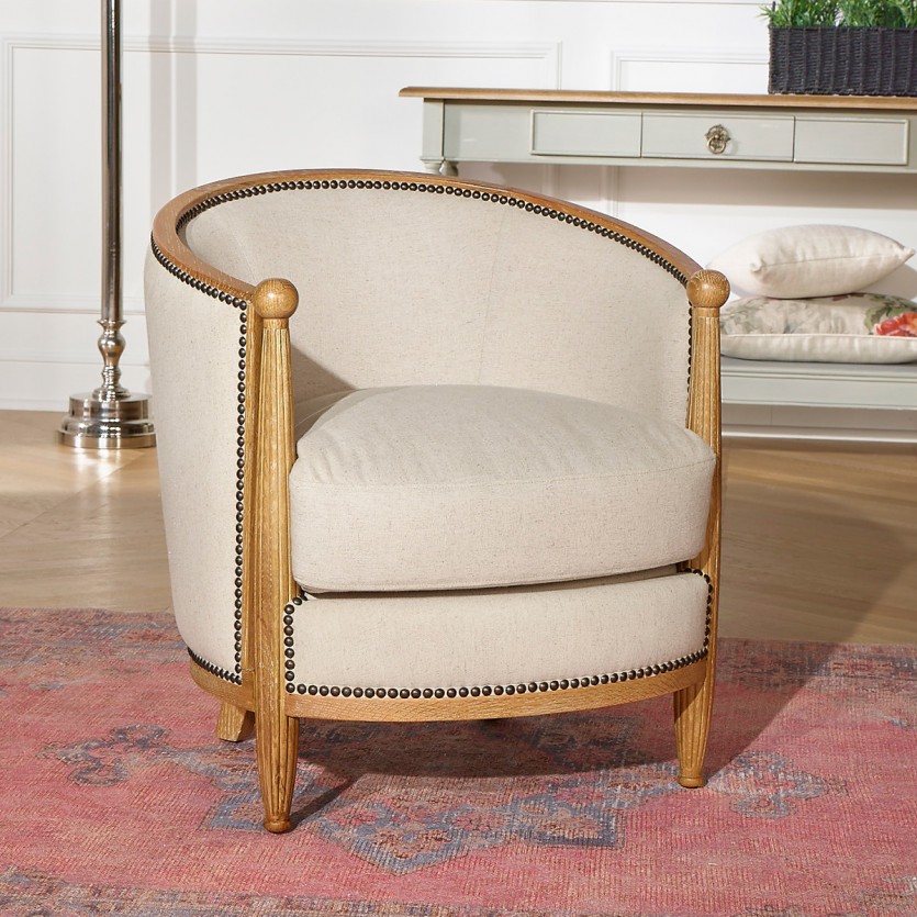 Poltrona tonel CAROLE – Estilo romântico em carvalho e linho algodão, madeira certificada FSC®, 1 lugar