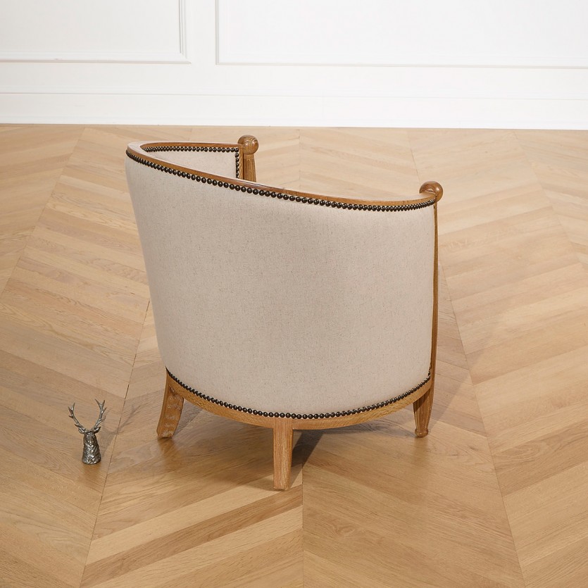 Fauteuil tonneau CAROLE – Style romantique en chêne et lin coton, bois certifié FSC®, 1 place