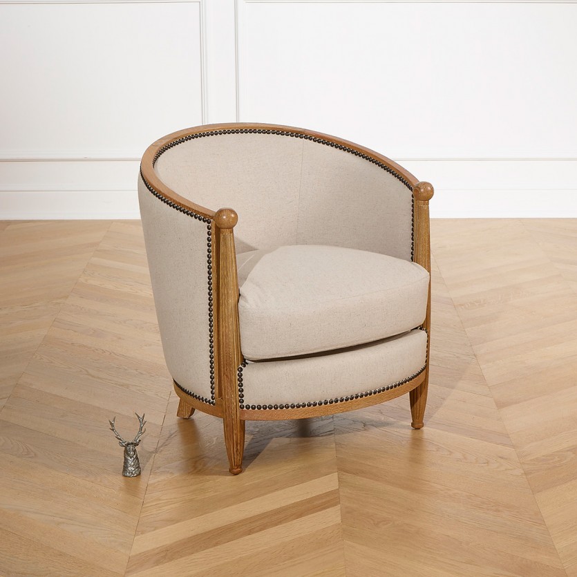 Fauteuil tonneau CAROLE – Style romantique en chêne et lin coton, bois certifié FSC®, 1 place
