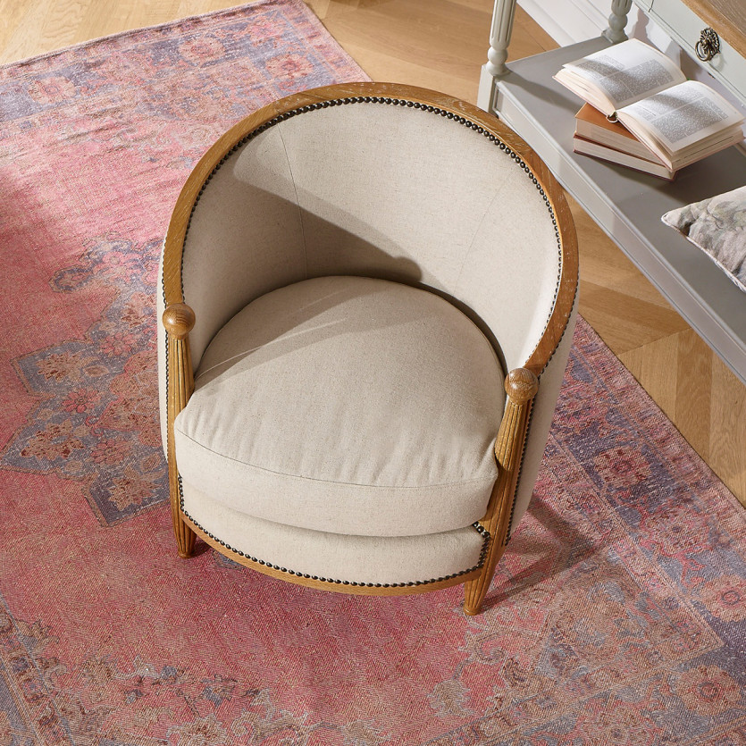Sillón CAROLE en forma de tonel - Estilo Art Déco en roble y lino de algodón, 1 plaza