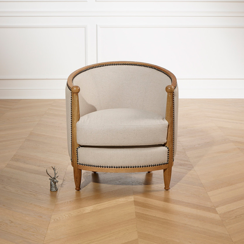 Poltrona CAROLE - Estilo Art Déco em carvalho e linho de algodão, 1 lugar