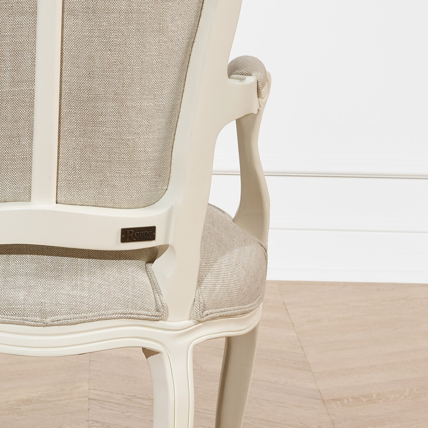 LOUVRE Cabriolet Armchair - Classic style in patinated white wood and linen, 1 seat