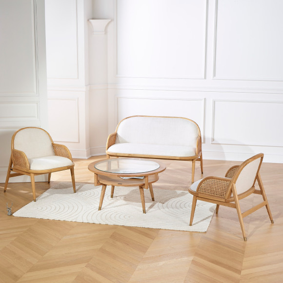 MANHATTAN – Runder Couchtisch mit doppelter Ablage, moderner Stil in Eiche und gehärtetem Glas, FSC®-zertifiziertes Holz