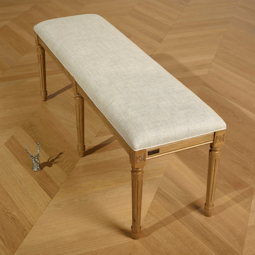 STEPHEN - Banco para o pé da cama em hévea e linho premium, 130 cm - Madeira certificada FSC®