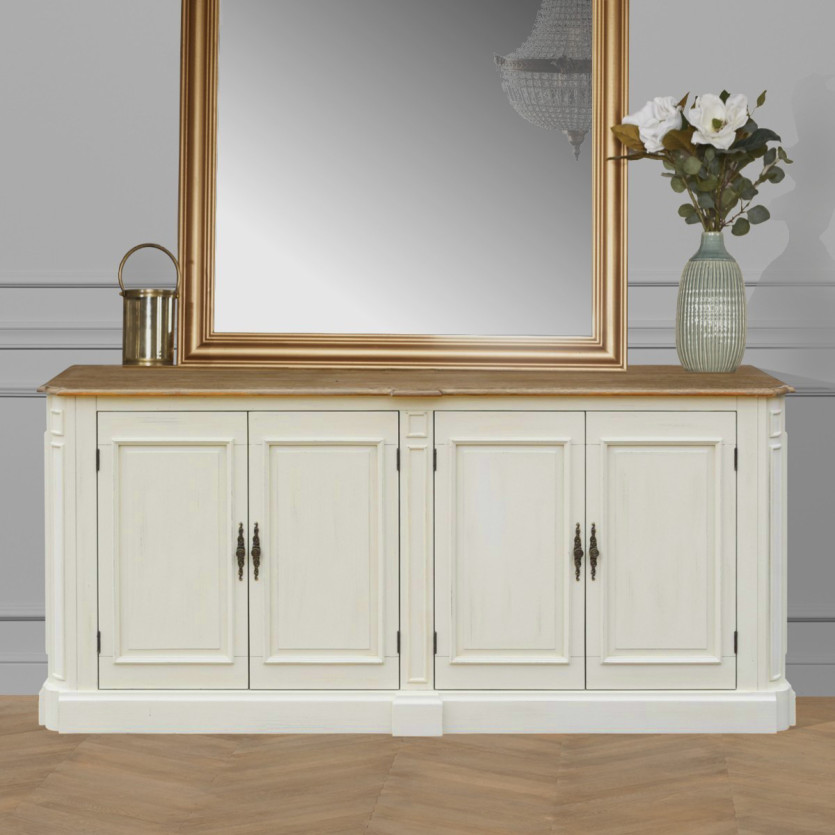 ARTHEMISE – Aparador de comedor estilo shabby chic de madera maciza, 4 puertas, madera certificada FSC®