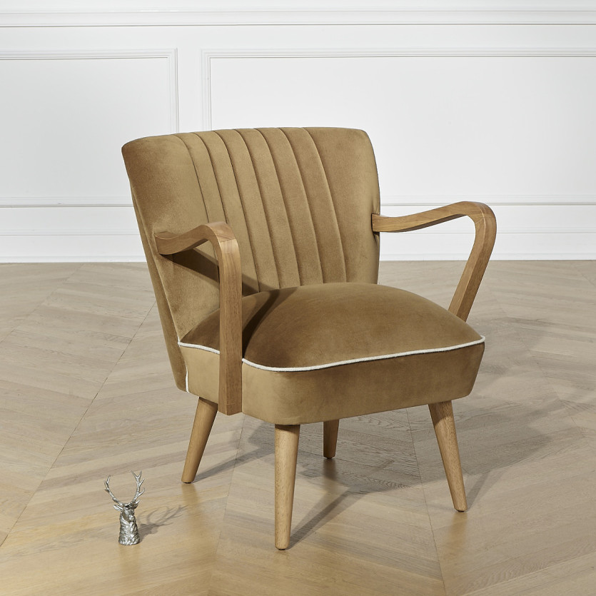 SIXTY - Fauteuil design en bois massif et tissu velours de coton, bois certifié FSC®, 1 place