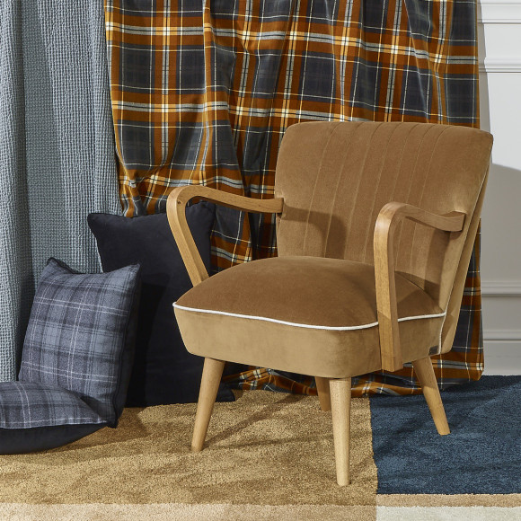 SIXTY - Fauteuil design en bois massif et tissu velours de coton, bois certifié FSC®, 1 place