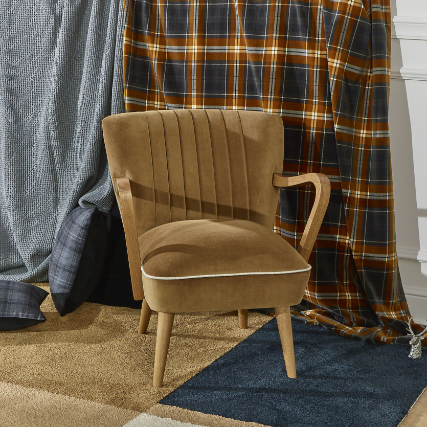 SIXTY - Fauteuil design en bois massif et tissu velours de coton, bois certifié FSC®, 1 place
