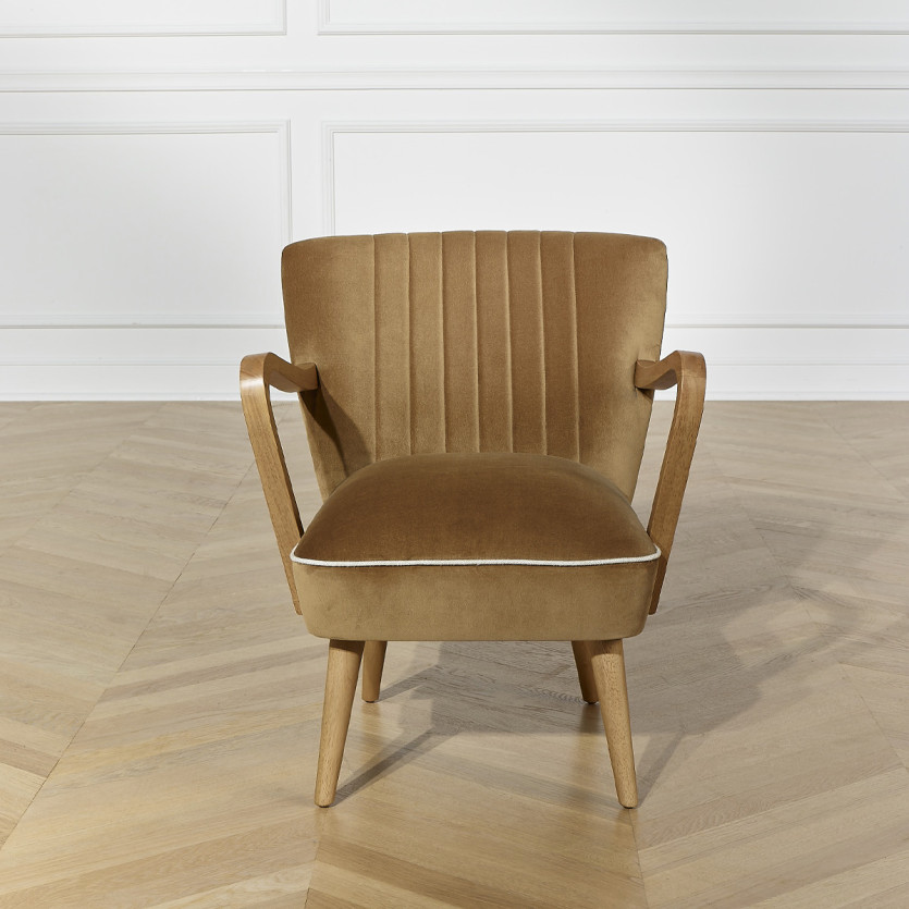 SIXTY - Fauteuil design en bois massif et tissu velours de coton, bois certifié FSC®, 1 place