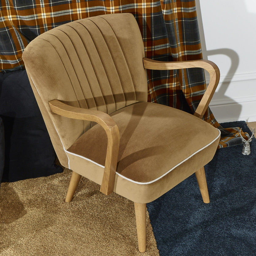SIXTY - Fauteuil design en bois massif et tissu velours de coton, bois certifié FSC®, 1 place