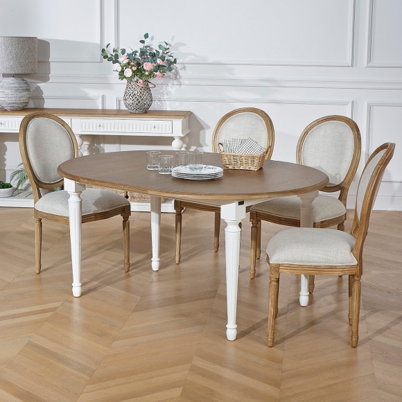 ARLINGTON - Extendable round table in romantic style, oak top, 4/6 place settings, FSC®