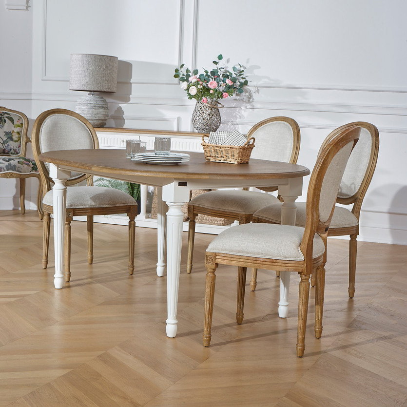 Table ronde extensible ARLINGTON - Style romantique, plateau en chêne, 4/6 couverts, bois certifié FSC®