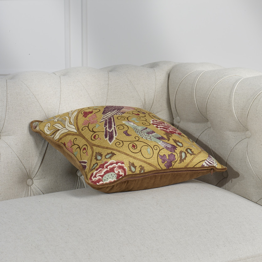 CAGE DORÉE - Coussin carré style shabby chic en tissu à motifs d'oiseaux, 41 x 41 cm