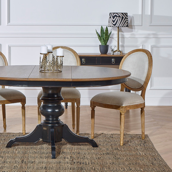 Mesa de jantar extensível com extensão ARIANE - Estilo romântico, tampo de carvalho, pé preto, 4/6 lugares