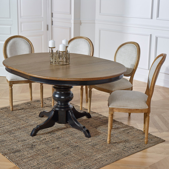 Mesa de jantar extensível com extensão ARIANE - Estilo romântico, tampo de carvalho, pé preto, 4/6 lugares