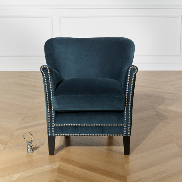 MAX - Sillón club con tachuelas de estilo moderno en terciopelo y madera, 1 plaza