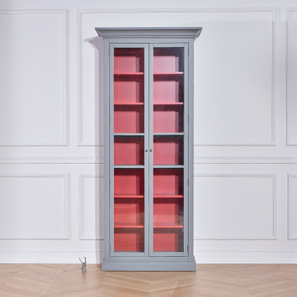 EMILY - Armoire vitrine style shabby chic, laquée gris, 2 portes, 6 étagères