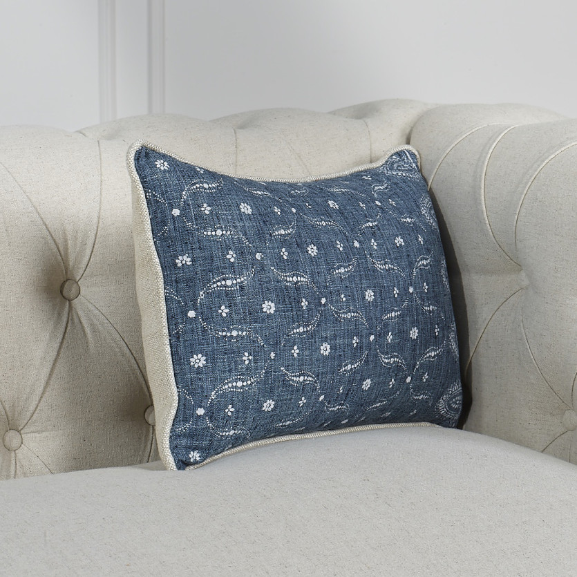 LUNE BLEUE – Coussin rectangle en tissu à motifs fleuris et lin premium, 49 x 32 cm