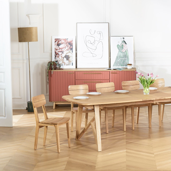 Mesa de jantar extensível LUCETTE - Estilo contemporâneo em carvalho maciço, 2 extensões, 6/10 lugares