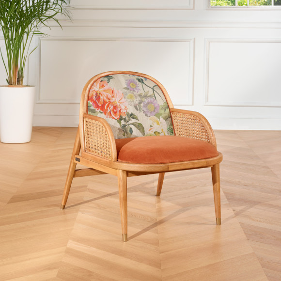 MARCEL TUBEROSE - Scandinavische stijl fauteuil van eiken, riet en fluweel, 1 zits