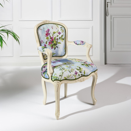 Fauteuil cabriolet LOUVRE MERVEILLES - Style shabby chic en lin imprimé et bois massif, 1 place