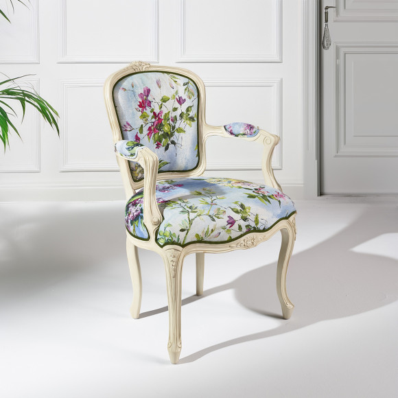 LOUVRE MERVEILLES Cabriolet Armchair - Shabby chic style in printed linen and solid wood, 1 seater