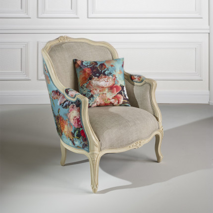 Fauteuil bergère VICTOR BOTANIQUE - Style romantique en tissu imprimé et bois massif, 1 place