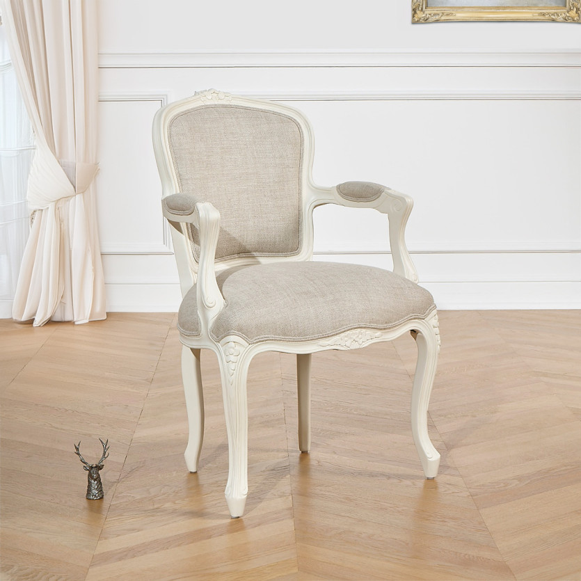 LOUVRE Cabriolet Armchair - Classic style in patinated white wood and linen, 1 seat