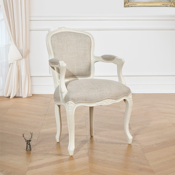 Fauteuil cabriolet LOUVRE - Style classique en bois blanc patiné et lin, 1 place