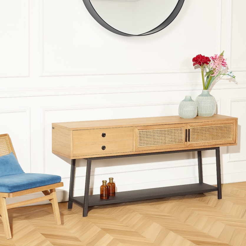Consola LALALA - Estilo escandinavo en roble, rejilla y metal, 2 puertas, 1 cajón