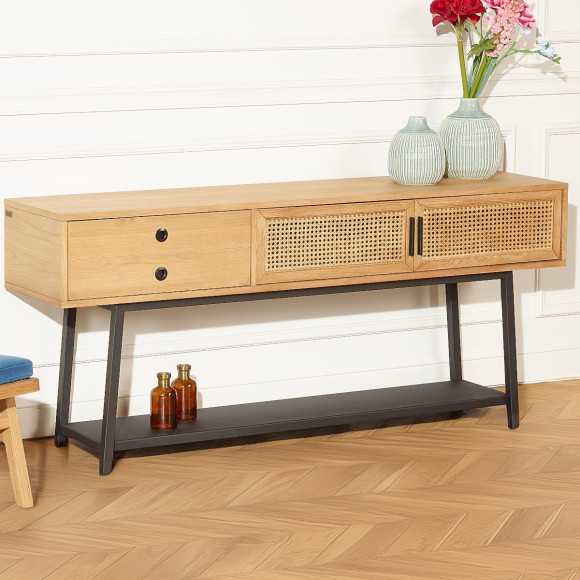 Console LALALA - Stile scandinavo in rovere, intreccio e metallo, 2 porte, 1 cassetto