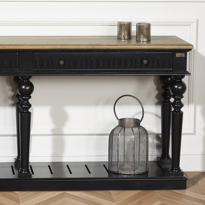 Consola de tela AUDE - Estilo shabby chic en madera maciza, 2 cajones - Madera certificada FSC®