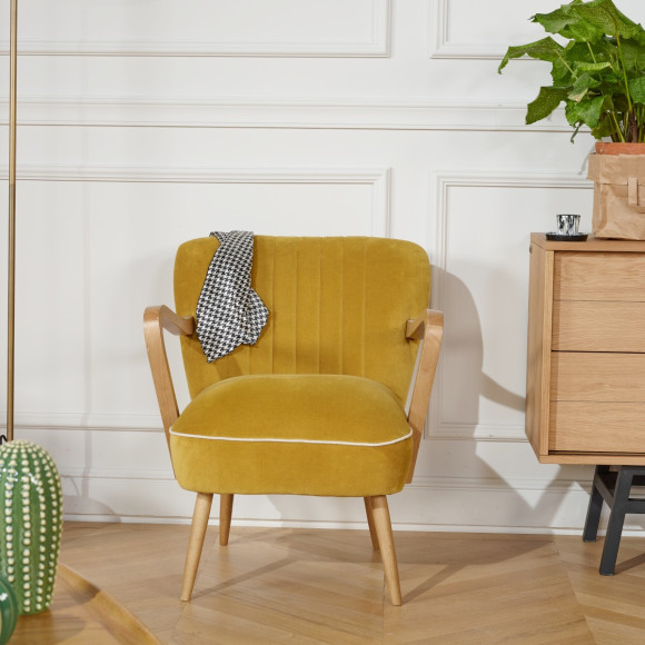 SIXTY - Fauteuil en velours et bois massif style scandinave, bois certifié FSC®