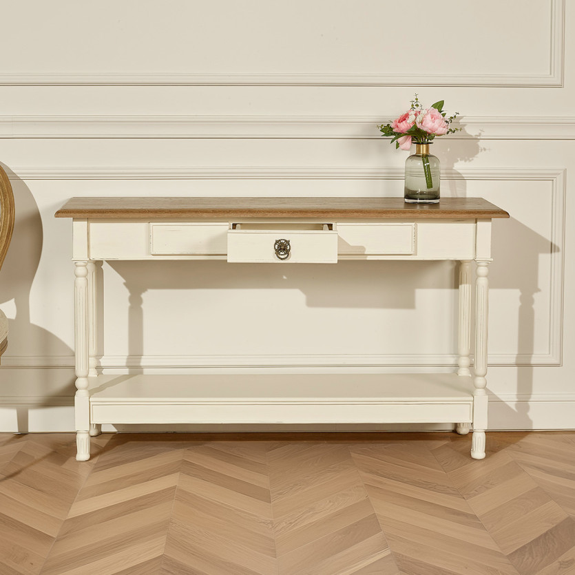 Console con cassetto MARKUS – Stile shabby chic, piano in rovere, legno certificato FSC®