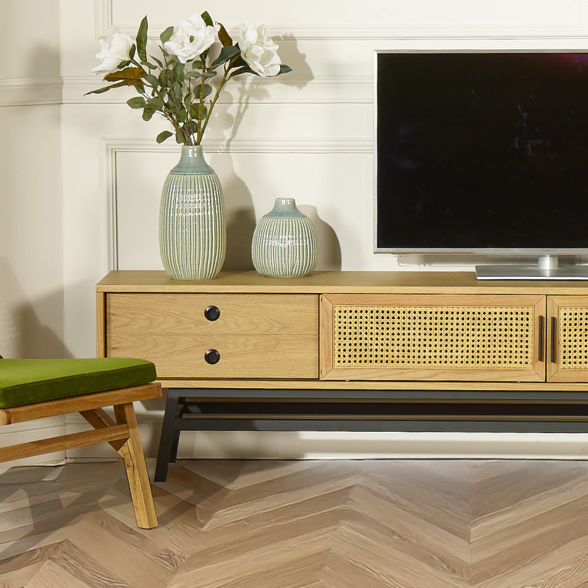 LALALA - Móvel de TV estilo escandinavo em madeira e rattan, 2 portas, 1 gaveta