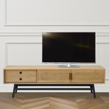 LALALA - Meuble TV style scandinave en bois et rotin, 2 portes, 1 tiroir