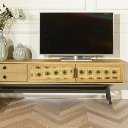 LALALA - Meuble TV style scandinave en bois et rotin, 2 portes, 1 tiroir