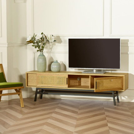 LALALA - Meuble TV style scandinave en bois et rotin, 2 portes, 1 tiroir