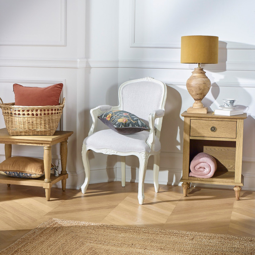 Fauteuil cabriolet LOUVRE LINUM - Style classique en bois massif et tissu anti-feu, 1 place