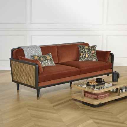 ARABELLA – Vintage style sofa in cotton velvet fabric, wood and rattan, 3 seats, FSC® certified wood