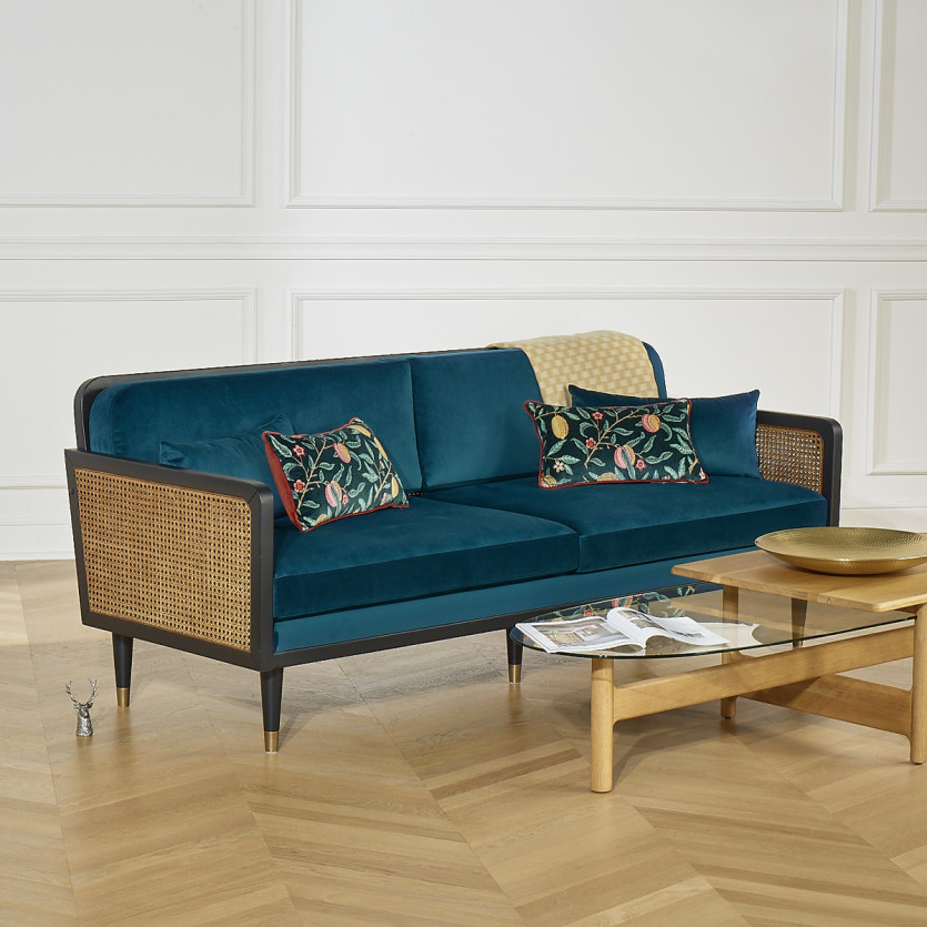 ARABELLA – Sofá de estilo vintage en tela de terciopelo de algodón, madera y ratán, 3 plazas, madera certificada FSC®