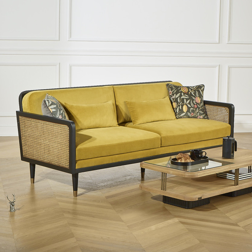 ARABELLA – Canapé style vintage en tissu velours de coton, bois et rotin, 3 places, bois certifié FSC®