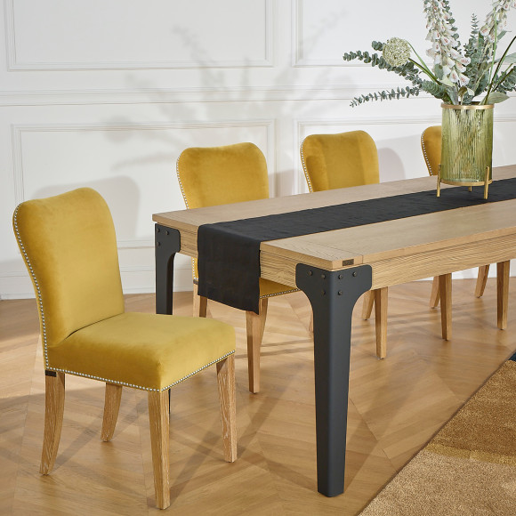 HUNTER - Lot de 2 chaises style shabby chic en chêne massif et velours clouté